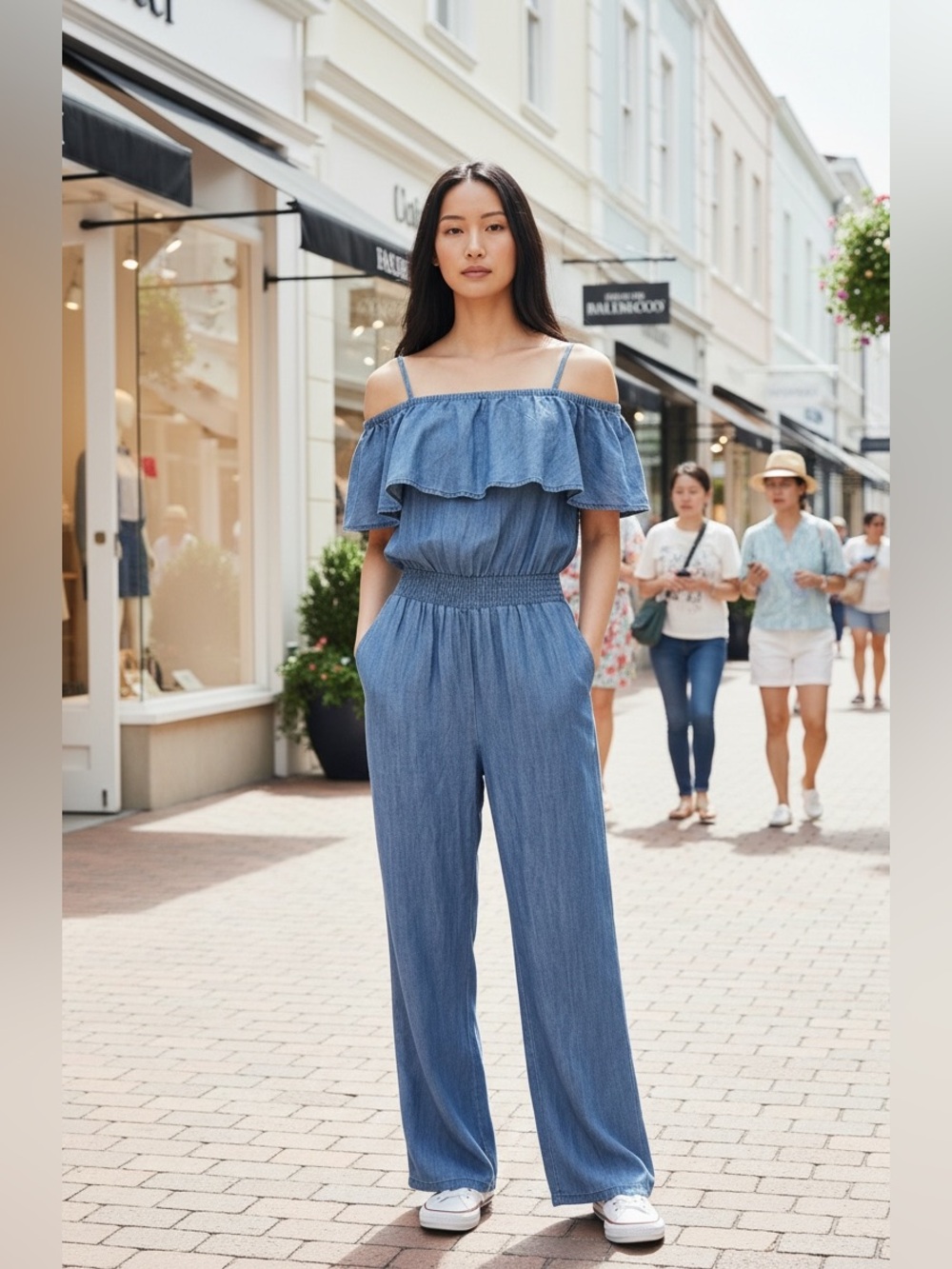 Max Jeans Chambray Off the Shoulder Jumpsuit Blue Tencel Size XS